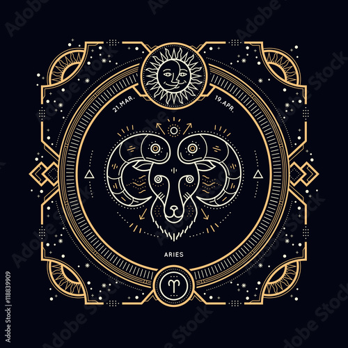 Vintage thin line Aries zodiac sign label. Retro vector astrological symbol, mystic, sacred geometry element, emblem, logo. Stroke outline illustration.