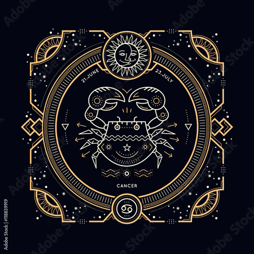 Vintage thin line Cancer zodiac sign label. Retro vector astrological symbol, mystic, sacred geometry element, emblem, logo. Stroke outline illustration.