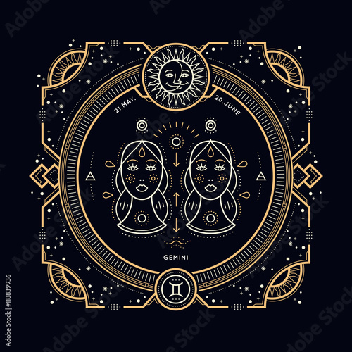 Vintage thin line Gemini zodiac sign label. Retro vector astrological symbol, mystic, sacred geometry element, emblem, logo. Stroke outline illustration.