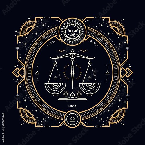 Vintage thin line Libra zodiac sign label. Retro vector astrological symbol, mystic, sacred geometry element, emblem, logo. Stroke outline illustration.