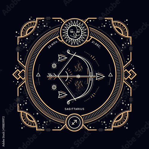 Vintage thin line Sagittarius zodiac sign label. Retro vector astrological symbol, mystic, sacred geometry element, emblem, logo. Stroke outline illustration. photo