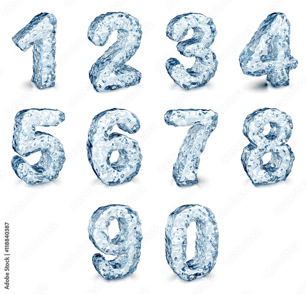 Set of numbers image. Material transparent ice. 3d illustration. Isolated on white. Stock