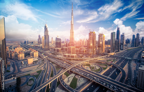 Dubai skyline with beautiful city close to it's busiest highway on traffic photo