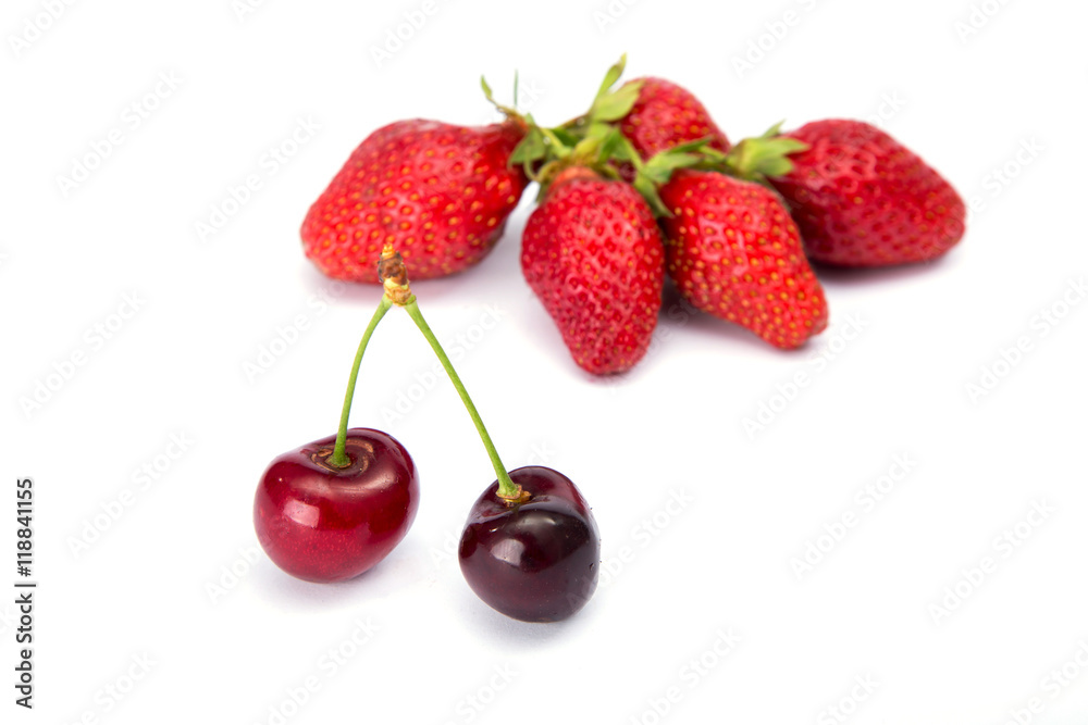 Red Strawberry and red cherry on white background