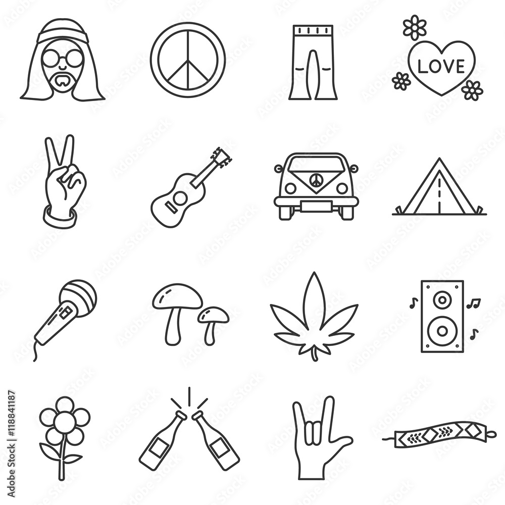hippie icons set. Music festival collection. Thin line design Stock ...