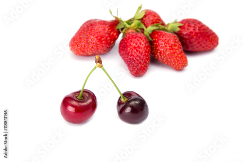 Fototapeta Naklejka Na Ścianę i Meble -  Red Strawberry and red cherry on white background