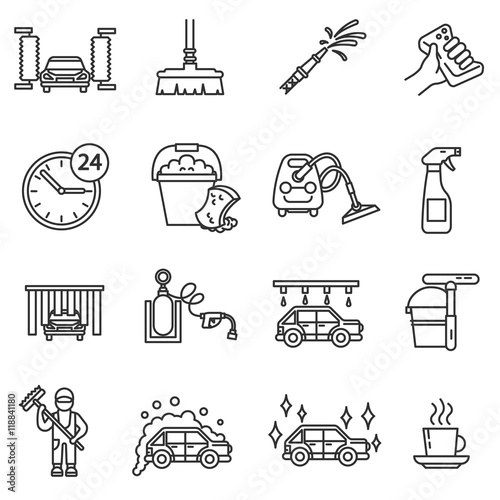 Car wash icons set. Automatic carwash collection. Thin line design