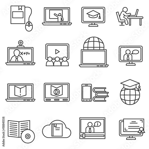 e-learning icons set. e-study collection. Thin line design