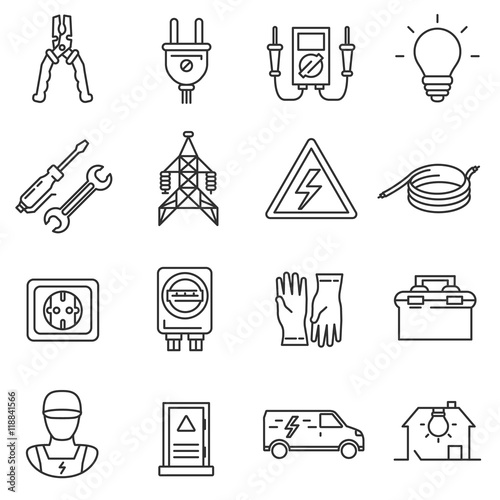 electricity icon set. electrician tools collection. Thin line design