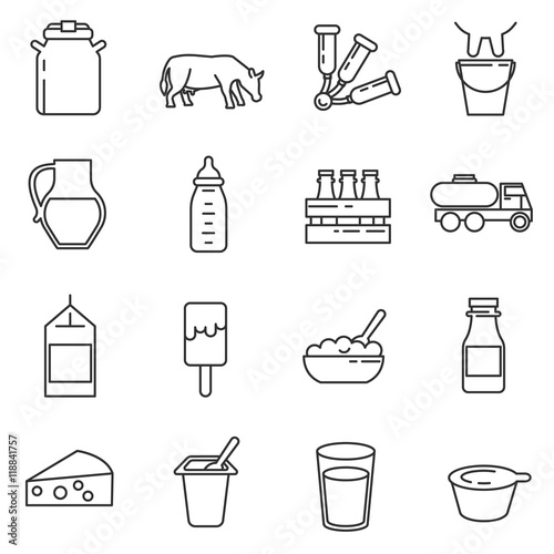 Milk and dairy products icon set. Milk reception collection. Thin line design