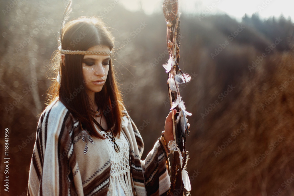 beautiful boho woman with warrior shaman makeup Stock Photo | Adobe Stock