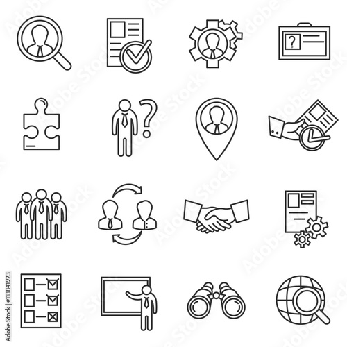 Search worker icon set. Search employee and hiring collection. Thin line design
