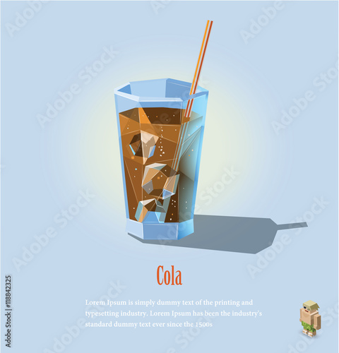 vector polygonal illustration glass of coke with ice cubes and straw, isometric man character 
