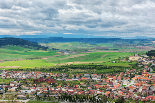 Panoramic view of the fields, High Tatra mountains and the town Spisske Podhradie in Slovakia