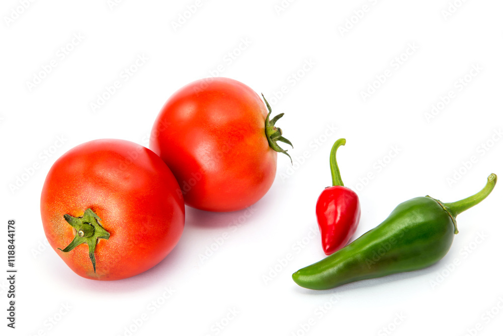 tomatoes and hot peppers white background tomatoes and hot peppers white background