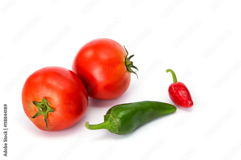 tomatoes and hot peppers white background tomatoes and hot peppers white background