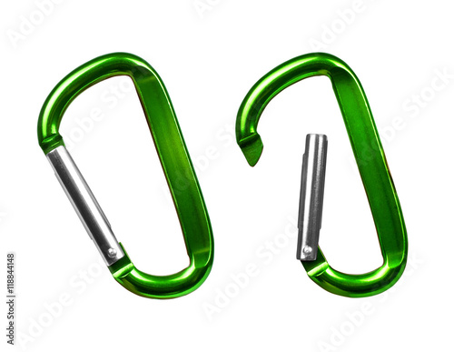Opening and closing carabiner for mountaineering isolated on whi photo