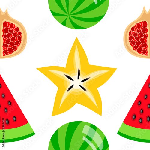 Colorful fruits seamless pattern. Bright background with watermelon, pomegranate and starfruit