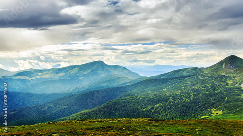 Picturesque Carpathian mountains landscape, view from the height, Chornogora ridge, Ukraine. © O.Farion