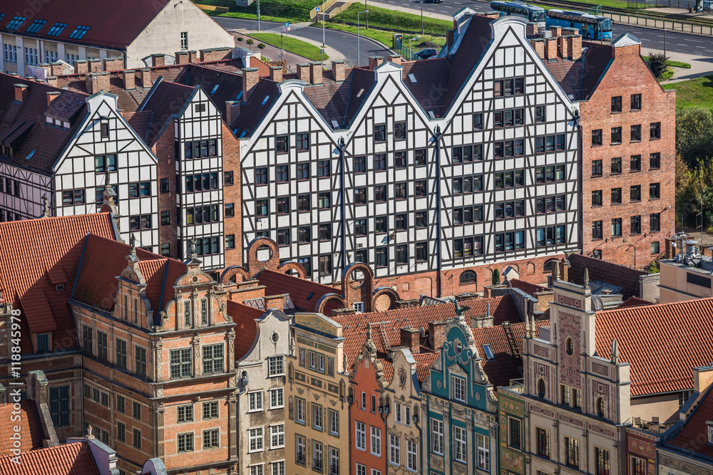 Old Town in Gdansk, aerial view from cathedral tower, Poland