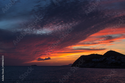 View of a colorful sky after sunset in Dubrovnik, Croatia. Copy space.