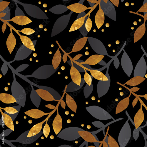 Floral seamless pattern with gold texture leafs