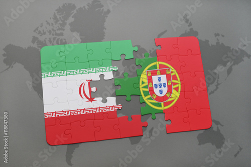 puzzle with the national flag of iran and portugal on a world map background.