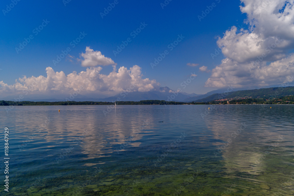 Lake of Viverone panorama with mountains on horizon.