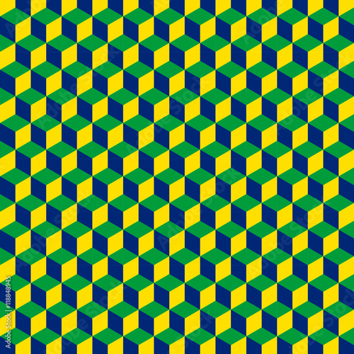 A geometric pattern with cubes that are the patriotic colors of the Brazilian flag. Can be used as a background for games in Brazil. Vector.