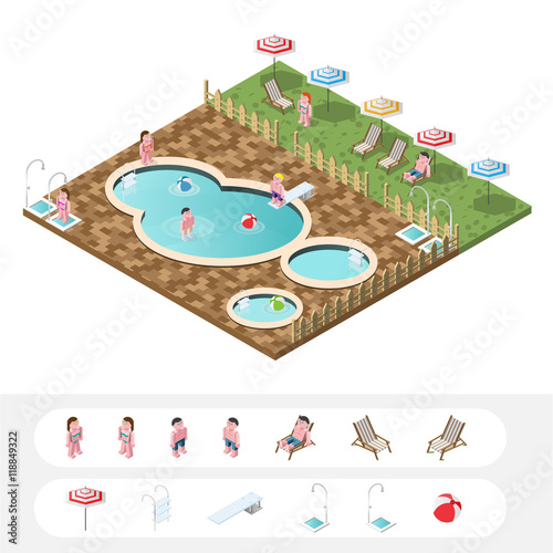 Set of Isolated High Quality Isometric City Elements. Swimming Pool on White Background.