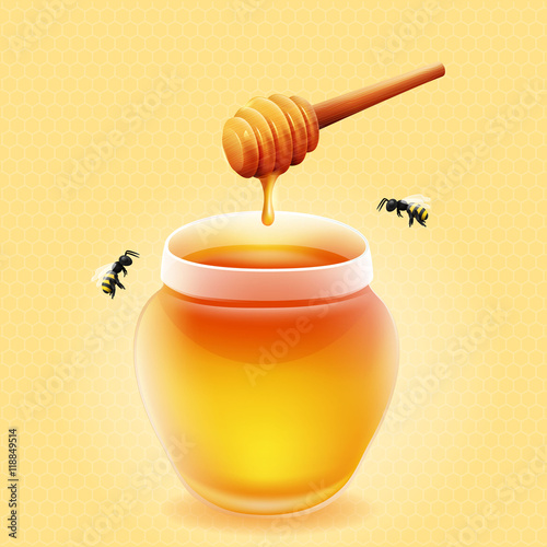 Vector jar of honey with wooden honey dipper and bees.