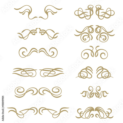 Abstract gold curly headers. Retro design element set isolated on white background. Dividers in vintage style. Hand drawn swirls. Vector illustration.