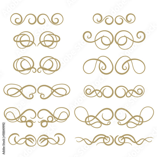 Abstract gold curly design element set isolated on white background. Dividers in retro style. Hand drawn swirls. Vector illustration.