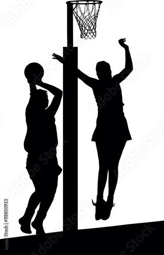 Foto Silhouette of girls ladies netball players jumping and blocking