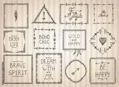 Fashion hand drawn sketch frames and philosophy quote phrases mega set in boho style