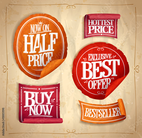 Half price save, exclusive best offer, hottest price, buy now, bestselller, promotional sale stickers set