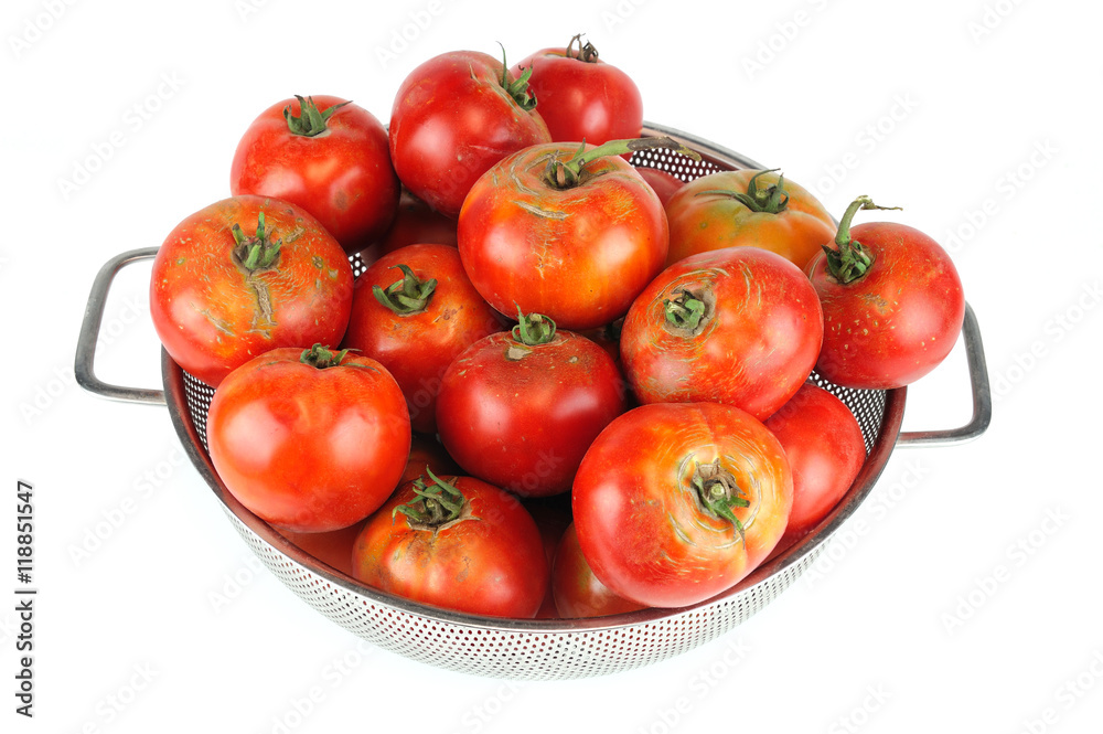 new picked fresh ripe tomatoes in container isolated on white background new picked fresh ripe tomatoes in container isolated on white background