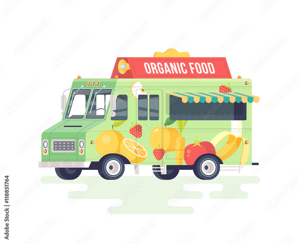 Vector colorful flat fruits and vegetables truck. Organic food truck. Isolated on white background.
