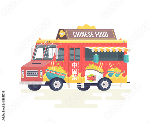 Vector colorful flat Chinese food truck. Food truck. Isolated on white background.