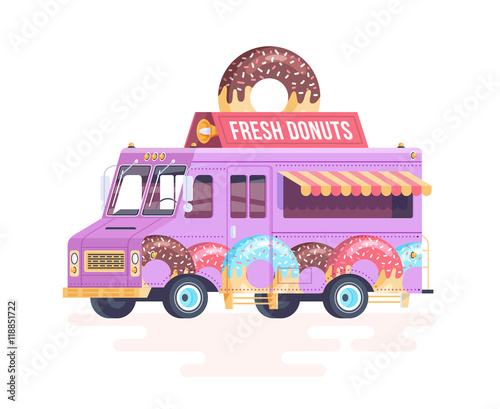Vector colorful flat donut truck. Isolated on white background.