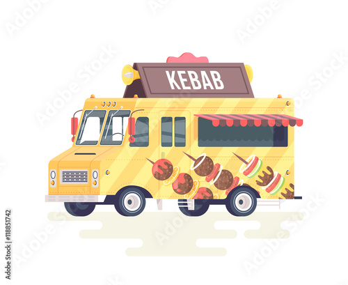 Vector colorful flat kebab truck. Food truck. Isolated on white background.