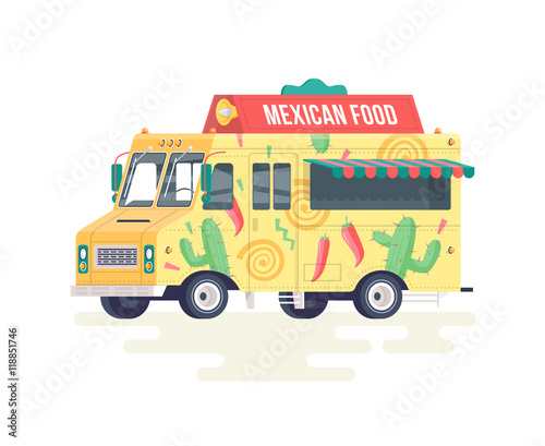 Vector colorful flat Mexican food truck. Food truck. Isolated on white background.