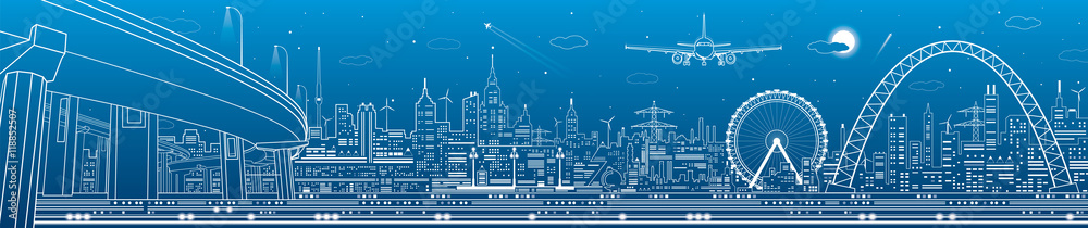 Fototapeta Panorama przemysłowa i technologiczna, krajobraz miejski, scena infrastruktury, miasto nocą, grafika wektorowa