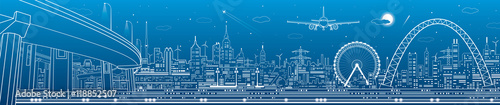 Fototapeta Panorama przemysłowa i technologiczna, krajobraz miejski, scena infrastruktury, miasto nocą, grafika wektorowa
