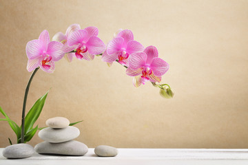 Plexiglas schilderij Spa Orchideeën en gestapelde spa stenen  © Lily