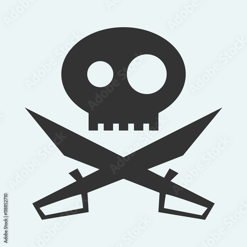 Icon of Jolly Roger symbol. Pirate, filibuster, corsair sign of crossed sabers or swords and skull. Vector emblem