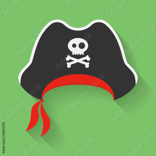 Vector Icon of Pirate Hat with a Jolly Roger symbol. Filibuster, corsair headdress with sign, emblem of crossed bones or crossbones and skull.