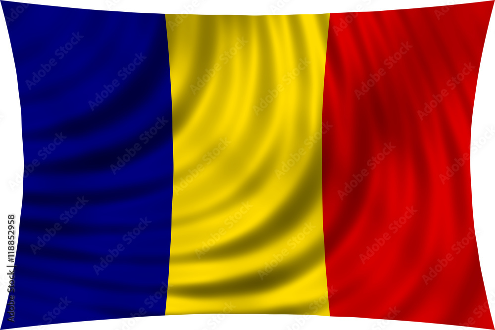 Obraz premium Flag of Romania waving in wind isolated on white