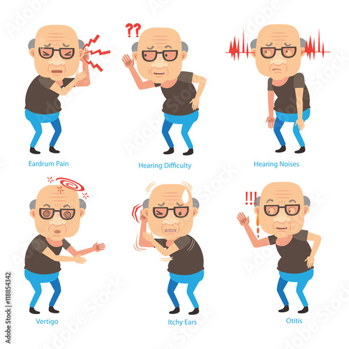 Hearing Loss/Old Man ear problems cupping his ear having difficulty hearing.Cartoon vector illustration