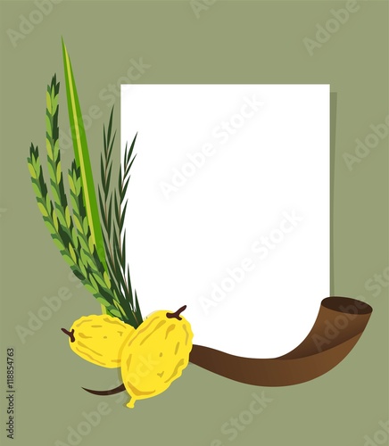 Jewish holiday Sukkot. Lulav ,Etrog, Arava and Hadas. Four species symbols date palm, citron, willow, myrtle